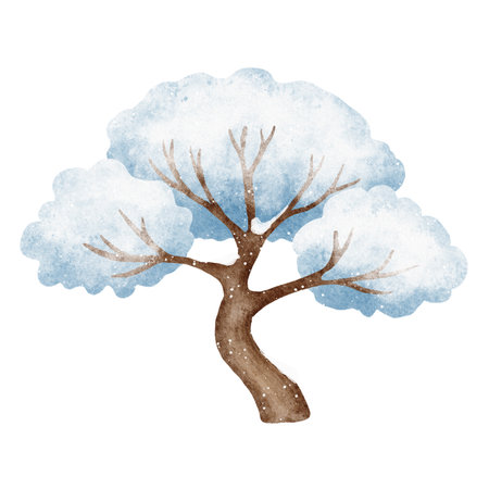 Winter tree covered with fluffy snow in soft watercolor style, with delicate textures and light blue tones. Perfect for Christmas cards, winter patterns, posters, and holiday decorations.の写真素材