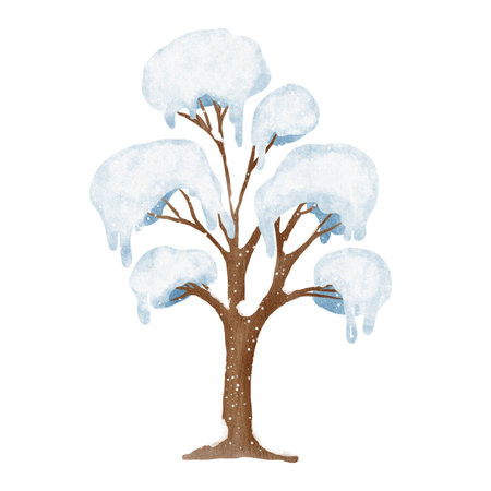 Winter tree covered with fluffy snow in soft watercolor style, with delicate textures and light blue tones. Perfect for Christmas cards, winter patterns, posters, and holiday decorations.の写真素材