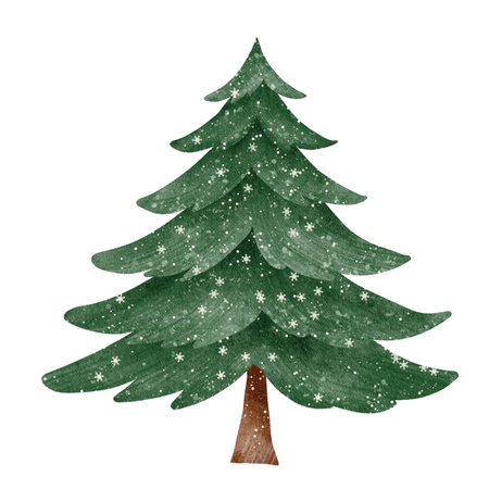 A watercolor tree, painted in a soft, hand-drawn style with delicate green hues. Perfect for holiday cards, winter decorations, and festive design projects.の写真素材