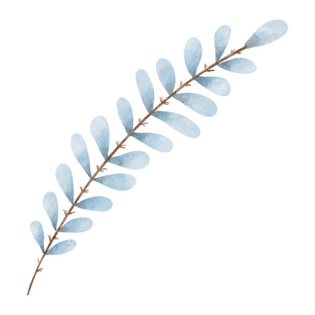 Decorative branch with blue leaves in delicate watercolor style, featuring soft shades and elegant shapes. Perfect for greeting cards, wedding invitations, patterns, and branding design.の写真素材