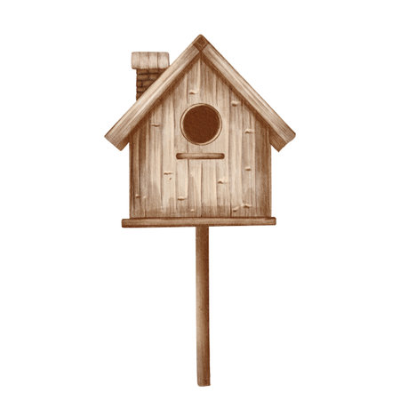 A wooden birdhouse in a soft watercolor style. Perfect for spring or winter scenes, greeting cards, children's books, or home decor designs.の写真素材