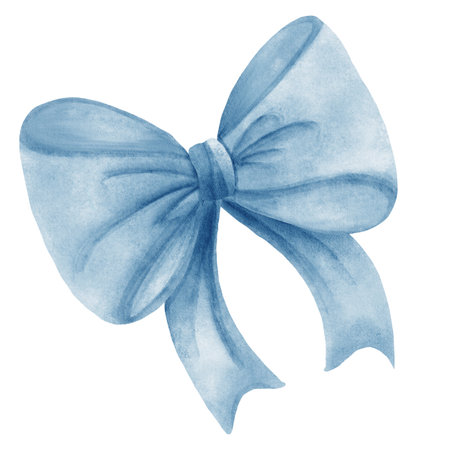 A blue bow drawn in a delicate watercolor style. Perfect for gift wrapping, holiday cards, packaging, invitations, and festive design projects.の写真素材
