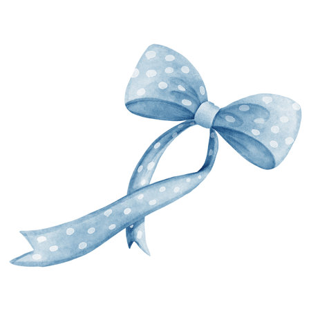 Blue polka dot bow. Watercolor style. Perfect for greeting cards, packaging design, children's prints, and holiday decorations.の写真素材
