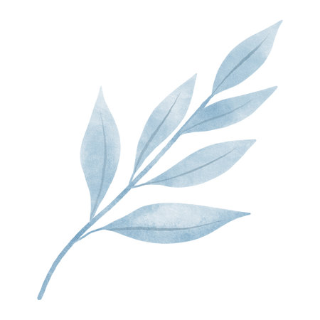 Decorative branch with blue leaves in delicate watercolor style, featuring soft shades and elegant shapes. Perfect for greeting cards, wedding invitations, patterns, and branding design.の写真素材