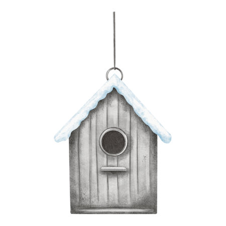 A wooden birdhouse in a soft watercolor style. Perfect for spring or winter scenes, greeting cards, children's books, or home decor designs.の写真素材