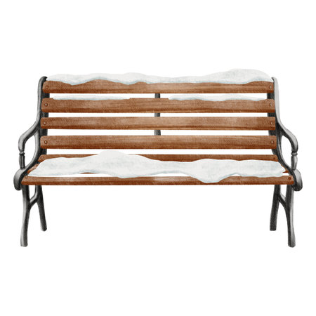 Wooden bench covered with snow, painted in watercolor style with soft texture and natural tones. Perfect for winter cards, seasonal illustrations, and landscape compositions.の写真素材