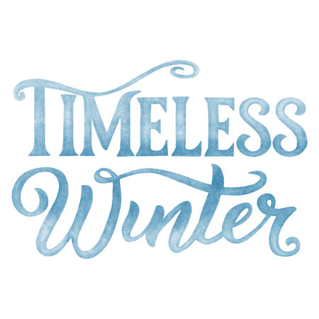 Lettering of the phrase "Timeless Winter" in blue tones. Watercolor calligraphy style. Perfect for holiday cards, winter invitations, and seasonal decorations.の写真素材