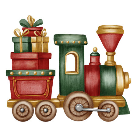 Watercolor illustration of a wooden toy train carrying colorful gifts in a cute children's style. Perfect for Christmas cards, nursery decor, posters, and festive designs.の写真素材