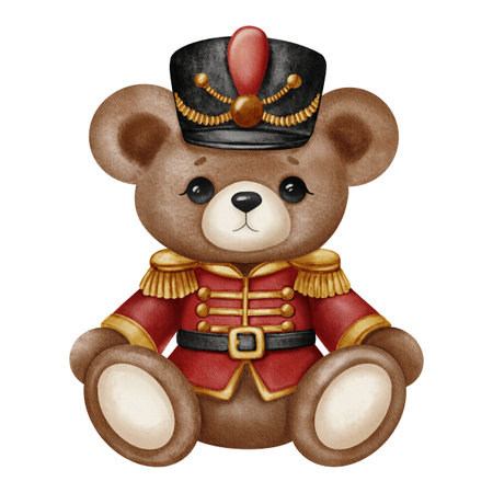 Cute teddy bear in a red soldier uniform and black hat, watercolor style with soft texture and warm tones. Perfect for Christmas cards, children's illustrations, and festive designs.の写真素材
