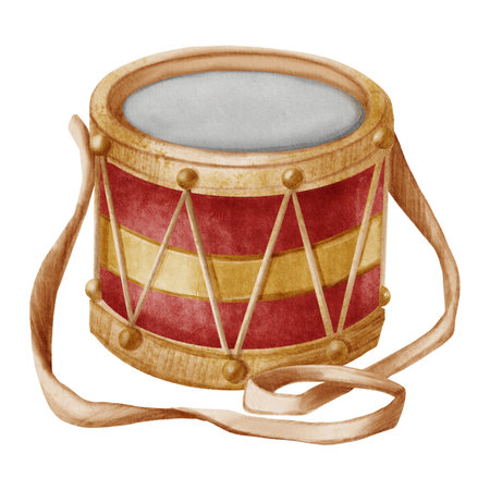 A watercolor toy drum with sticks in a cute vintage style. Perfect for Christmas cards, posters, packaging, and children's book design.の写真素材