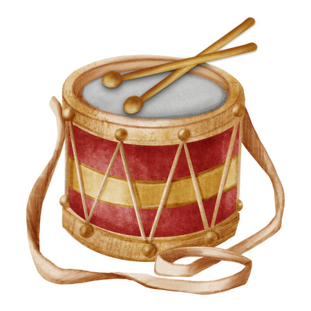 A watercolor toy drum with sticks in a cute vintage style. Perfect for Christmas cards, posters, packaging, and children's book design.の写真素材