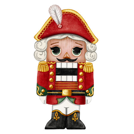 Watercolor illustration of a Christmas toy, The Nutcracker. A figure of a man with a large head and a smiling face, cracking nuts. An isolated composition for posters, postcards, banners, and flyers.の写真素材
