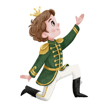 Cute young prince kneeling and reaching up, dressed in a green royal uniform with golden details, watercolor children s book style. Perfect for fairy tales, nursery prints, and story illustrations.の写真素材