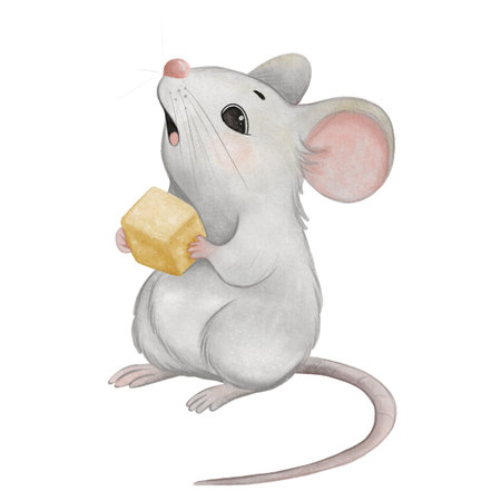 Cute gray mouse holding a piece of cheese, hand-painted in soft watercolor and children s book style. Perfect for nursery prints, storybooks, invitations, or educational materials.の写真素材