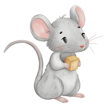 Cute gray mouse holding a piece of cheese, hand-painted in soft watercolor and children s book style. Perfect for nursery prints, storybooks, invitations, or educational materials.の写真素材