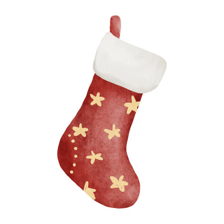 Watercolor illustration of a red Christmas stocking decorated with festive patterns in a cute children s style. Perfect for holiday cards, posters, packaging, and winter decorations.の写真素材