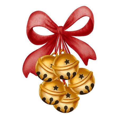 Watercolor illustration of golden jingle bells tied with a red ribbon in a cute festive style. Perfect for Christmas cards, posters, packaging, and holiday decorations.の写真素材