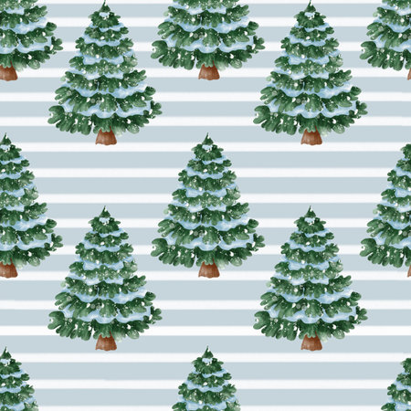 Watercolor seamless pattern with snowy Christmas trees. Cozy winter design perfect for holiday wrapping paper, textiles, greeting cards, and festive decorations.の写真素材
