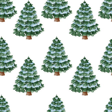 Watercolor seamless pattern with snowy Christmas trees. Cozy winter design perfect for holiday wrapping paper, textiles, greeting cards, and festive decorations.の写真素材