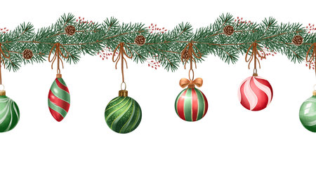 Watercolor Christmas garland with pine branches and hanging baubles. Hand-painted festive border perfect for holiday cards, invitations, wrapping paper, and seasonal decorations.の写真素材