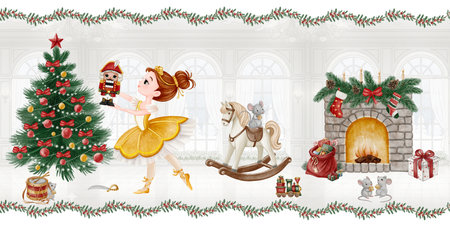 Watercolor Christmas scene with a ballerina, nutcracker, tree, fireplace, and toys. Cozy festive illustration perfect for holiday cards, prints, posters, and children's book designs.の写真素材