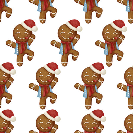 Seamless pattern with cute gingerbread men in Santa hats and scarves, painted in cozy watercolor style. Perfect for Christmas wrapping paper, textiles, and festive greeting cards.の写真素材