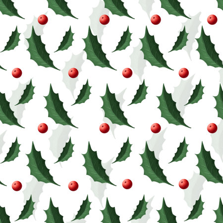 Seamless pattern with holly leaves and red berries in a soft, semi-realistic style. Ideal for Christmas textiles, gift wrap, greeting cards, branding, and festive decoration.の写真素材