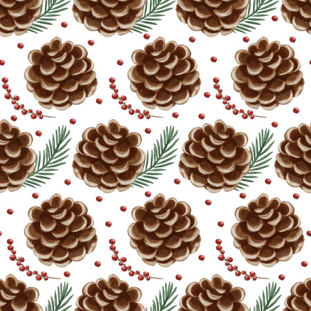 Seamless pattern with pine cones and evergreen branches painted in watercolor style. Ideal for Christmas wrapping paper, fabric prints, greeting cards, and holiday decorations.の写真素材