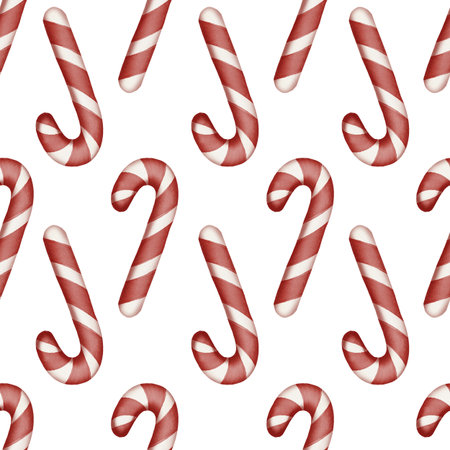 A seamless pattern featuring red and white candy canes, painted in a watercolor style. Perfect for Christmas packaging, textiles, wrapping paper, greeting cards, and festive decorations.の写真素材