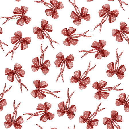 Seamless pattern with red bows painted in watercolor style. Perfect for Christmas wrapping paper, festive textiles, packaging, greeting cards, and holiday decorations.の写真素材