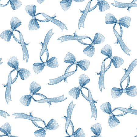 Seamless pattern with blue bows painted in watercolor style. Ideal for wrapping paper, holiday packaging, textile prints, greeting cards, and festive decorations.の写真素材