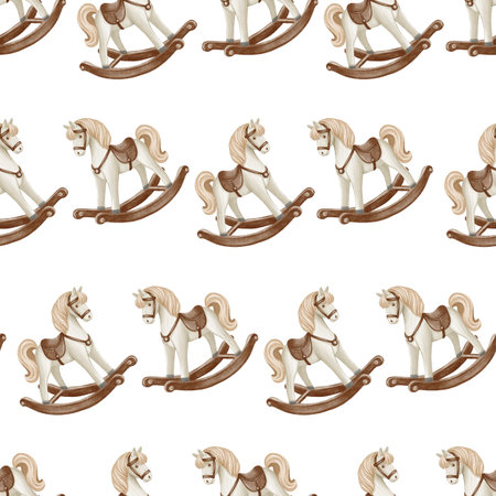 Seamless pattern with wooden rocking horses in a soft watercolor style. Perfect for children's products, nursery decor, textiles, gift wrap, and holiday designs.の写真素材