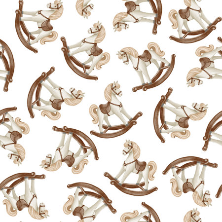 Seamless pattern with wooden rocking horses in a soft watercolor style. Perfect for children's products, nursery decor, textiles, gift wrap, and holiday designs.の写真素材