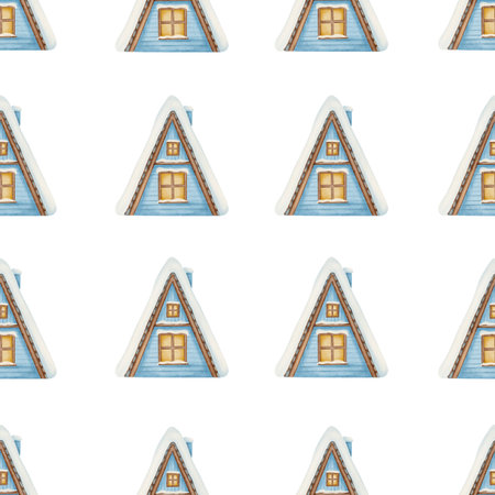 A seamless pattern featuring cozy blue winter triangle houses, rendered in a soft watercolor style. Perfect for festive wrapping paper, children's textiles, stationery, and winter dの写真素材