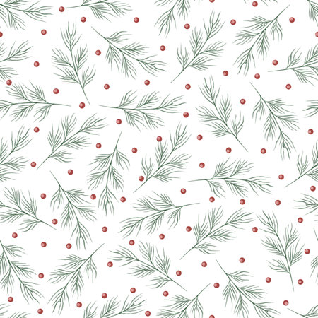 Seamless pattern with green branches and red berries in soft watercolor style. Perfect for Christmas wrapping paper, fabric, stationery, and festive decor designs.の写真素材