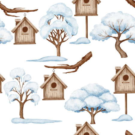 Seamless pattern with wooden birdhouses among snowy trees, painted in a soft watercolor style. Ideal for winter textiles, wrapping paper, and holiday stationery.の写真素材