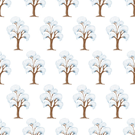 Seamless pattern with snow-covered trees painted in soft watercolor style. Ideal for winter backgrounds, wrapping paper, fabric, greeting cards, and holiday design projects.の写真素材