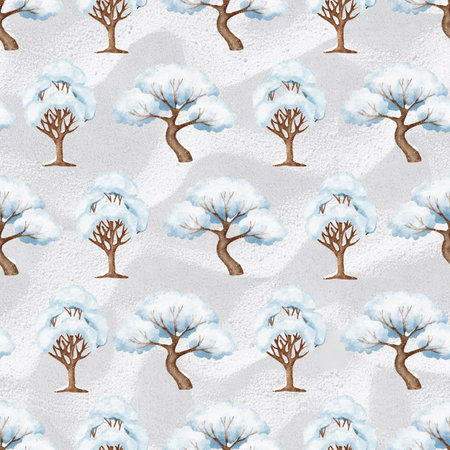 Seamless pattern with snow-covered trees painted in soft watercolor style. Ideal for winter backgrounds, wrapping paper, fabric, greeting cards, and holiday design projects.の写真素材
