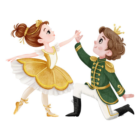 The prince and ballerina dance in a delicate watercolor style, ideal for holiday cards, children's prints, and festive designs.の写真素材