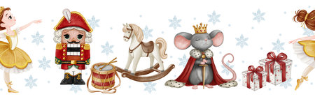 Seamless border featuring the Nutcracker, a ballerina, a rocking horse, the Mouse King, a drum, and...