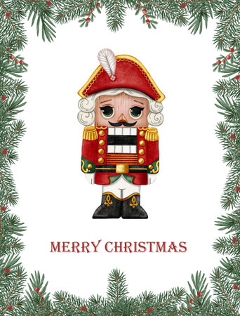 A charming illustration of the Nutcracker in a frame made of pine branches in a soft watercolor...