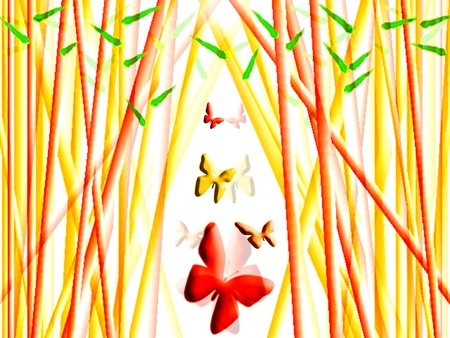 Butterflies flying between bamboo poles. Spiritual landscapeの写真素材