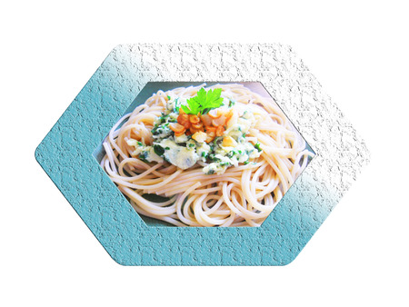 Spaghetti with egg. Composition.の写真素材