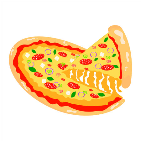 Italian pizza with vegetables and salami sausageのイラスト素材