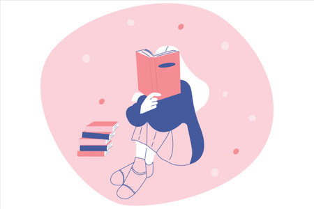 A woman is sitting on the floor, reading a book in detail. The concept of distance learning, earning and self-education. Flat cartoon style vector illustration.のイラスト素材