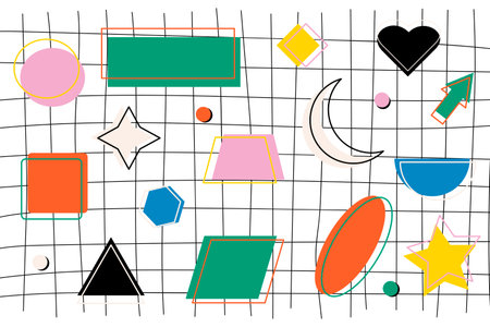Brutalist abstract geometric shapes and grids. Brutal modern figure, star, oval and other primitive elements. Swiss design aesthetics. Bauhaus Memphis designのイラスト素材