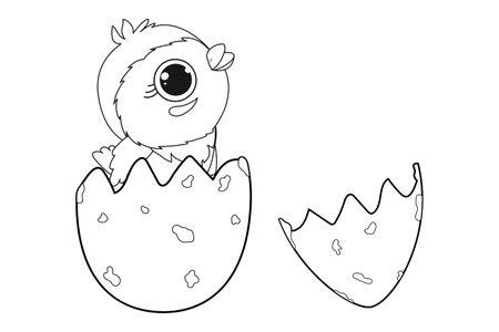 Coloring book, a bird hatched from an egg.. To print. Black and white illustration for coloring. Development of children, education of preschoolers, schoolchildren. task, game. International Bird Dayのイラスト素材