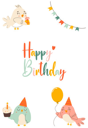 Cute birds holding a gift, a balloon, a cake with a candle. Cute holiday cartoon character in a simple children's hand drawn style. Vector template with happy birthday inscriptionのイラスト素材