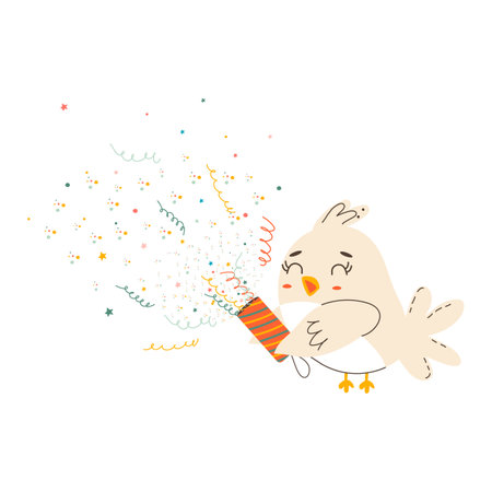 Bird with a festive firecracker. Cute holiday cartoon character in simple children's hand drawn style. Vector isolate in pastel vintage palette on white backgroundのイラスト素材