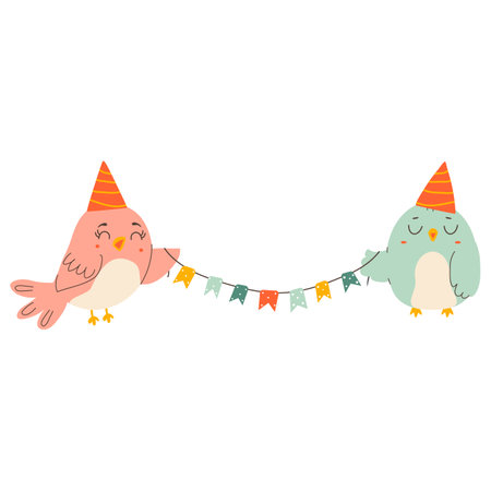 Birds - a festive garland. Cute holiday cartoon character in simple children's hand drawn style. Vector isolate in pastel vintage palette on white backgroundのイラスト素材